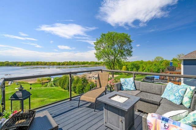26042 Sunset Dr, Chisago City, MN 55013 - deck with a water view and an outdoor living space with a fire pit