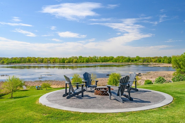 26042 Sunset Dr, Chisago City, MN 55013 - view of grassy yard featuring a water view and a fire pit