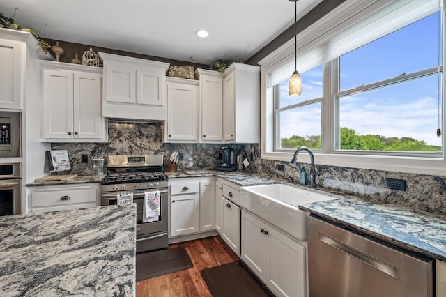 26042 Sunset Dr, Chisago City, MN 55013 - kitchen with appliances with stainless steel finishes, a sink, dark wood finished floors, white cabinetry, and premium range hood