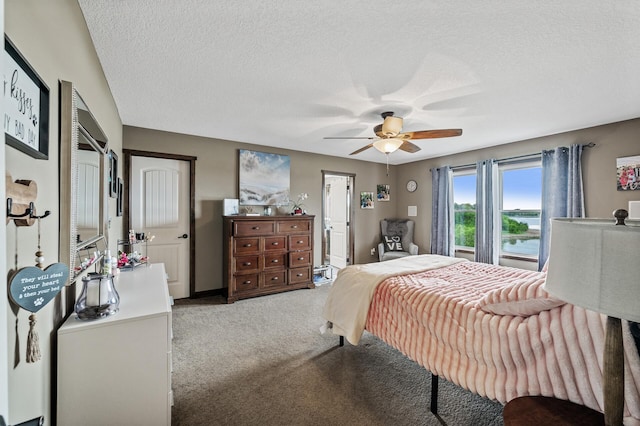 26042 Sunset Dr, Chisago City, MN 55013 - bedroom with light colored carpet, a textured ceiling, and a ceiling fan