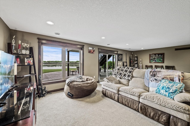 26042 Sunset Dr, Chisago City, MN 55013 - carpeted living room featuring a water view, recessed lighting, a textured ceiling, and baseboards