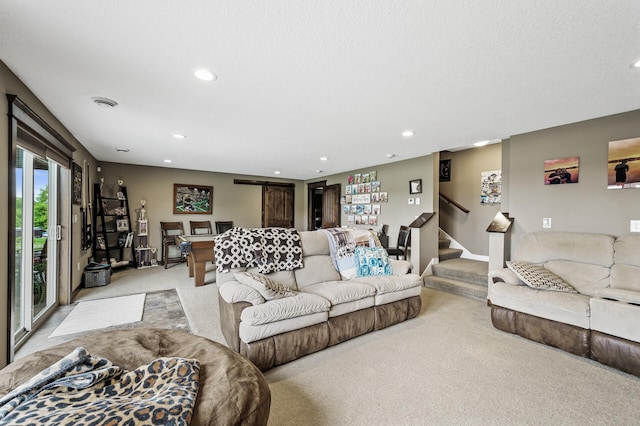 26042 Sunset Dr, Chisago City, MN 55013 - carpeted living area with stairway and recessed lighting