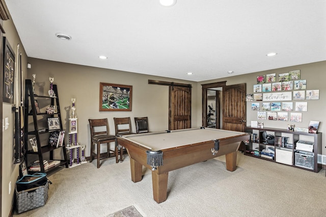 26042 Sunset Dr, Chisago City, MN 55013 - recreation room with light carpet, a barn door, recessed lighting, and billiards table