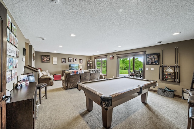 26042 Sunset Dr, Chisago City, MN 55013 - recreation room featuring light carpet, billiards, recessed lighting, a textured ceiling, and baseboards