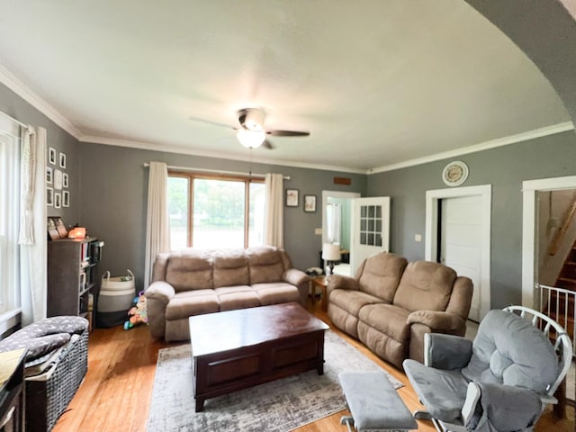 408 Lafayette Ave, Fulda, MN 56131 - living room with a ceiling fan, wood finished floors, crown molding, and arched walkways