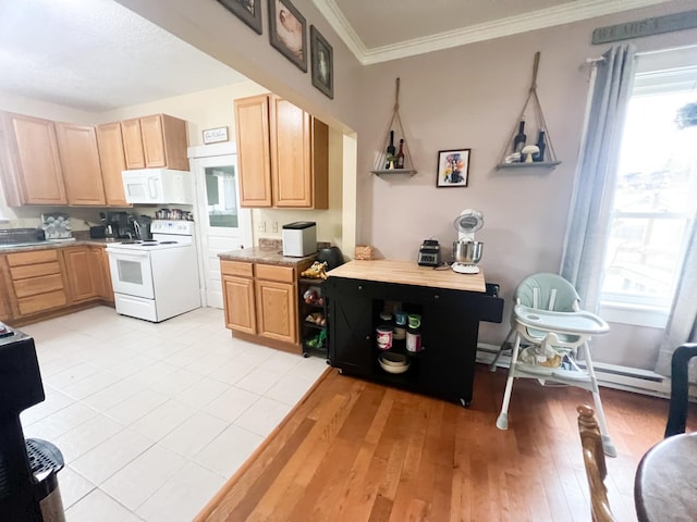 408 Lafayette Ave, Fulda, MN 56131 - kitchen featuring white appliances, light brown cabinets, crown molding, light countertops, and light wood-type flooring