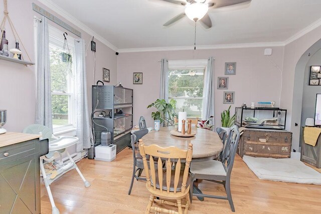 408 Lafayette Ave, Fulda, MN 56131 - dining space with arched walkways, light wood-style flooring, plenty of natural light, and ornamental molding