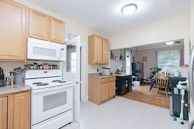 408 Lafayette Ave, Fulda, MN 56131 - kitchen with white appliances, light brown cabinetry, light countertops, and a textured ceiling