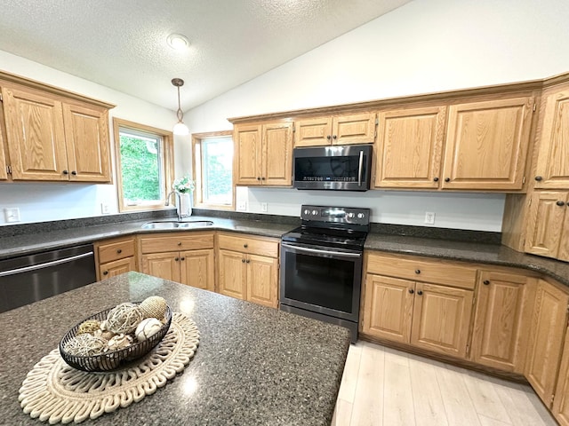 12224 Radisson Rd NE, Blaine, MN 55449 - kitchen with stainless steel appliances, a sink, lofted ceiling, a textured ceiling, and hanging light fixtures