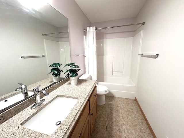 12224 Radisson Rd NE, Blaine, MN 55449 - bathroom with vanity, tile patterned floors, toilet, shower / bathtub combination, and baseboards