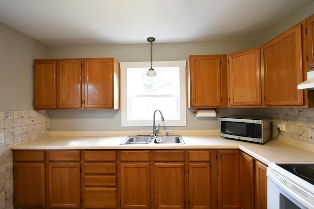 705 1st Ave SE, Pine Island, MN 55963 - kitchen with stainless steel microwave, a sink, light countertops, and brown cabinets
