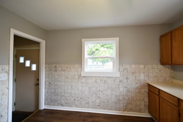 705 1st Ave SE, Pine Island, MN 55963 - laundry room featuring tile walls, dark wood-style flooring, and a wainscoted wall