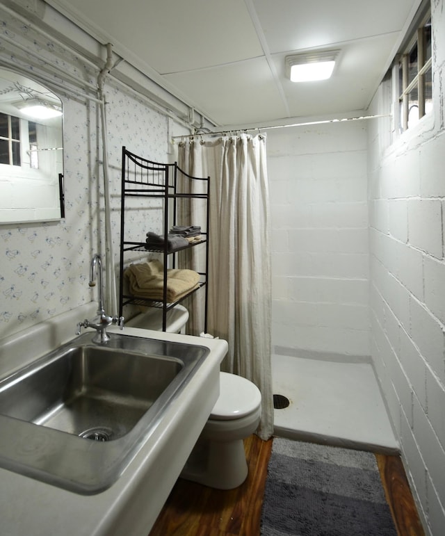 705 1st Ave SE, Pine Island, MN 55963 - bathroom featuring a sink, toilet, a stall shower, and wood finished floors