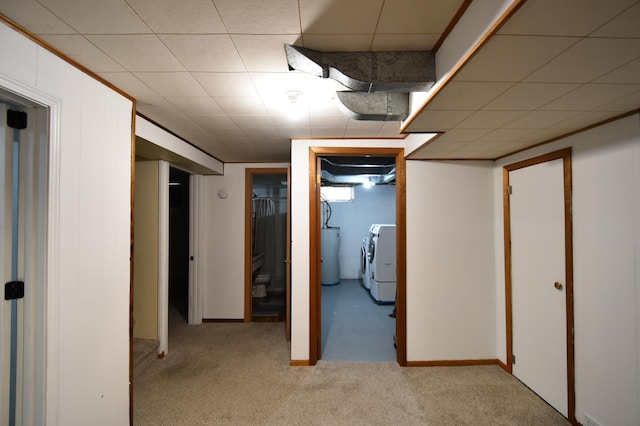 705 1st Ave SE, Pine Island, MN 55963 - finished basement with washer and clothes dryer, gas water heater, light colored carpet, and a drop ceiling