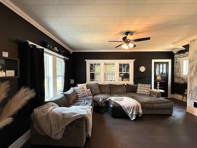 206 Oscar Ave N, Canby, MN 56220 - living area with ornamental molding, a ceiling fan, plenty of natural light, and wood finished floors
