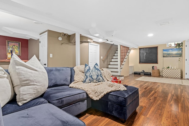 1391 Jefferson Ave, Saint Paul, MN 55105 - living area featuring stairs, wood finished floors, and recessed lighting