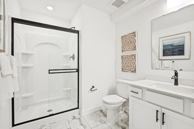 6601 Tamarack Ln, Corcoran, MN 55340 - full bath with toilet, vanity, a stall shower, marble look tile flooring, and recessed lighting