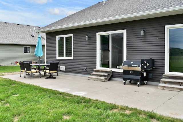 1160 21st St, Wabasha, MN 55981 - back of property with entry steps, a patio area, a shingled roof, and a yard