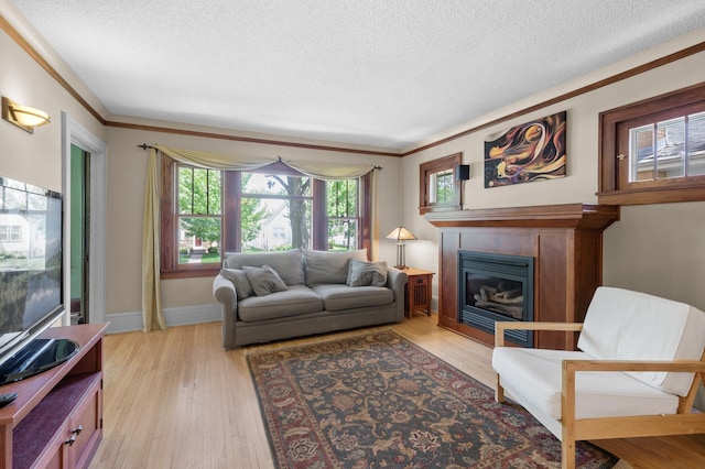 5136 16th Ave S, Minneapolis, MN 55417 - living room featuring a textured ceiling, plenty of natural light, crown molding, a glass covered fireplace, and light wood-type flooring