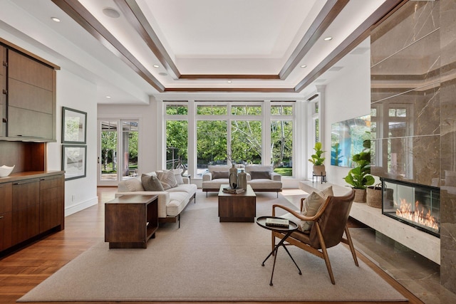 370 Ferndale Rd W, Wayzata, MN 55391 - living area featuring a raised ceiling, a premium fireplace, and wood finished floors