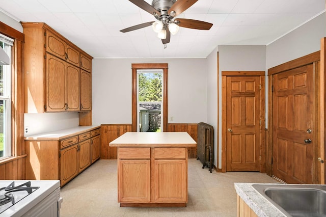 857 Oakdale Ave, Saint Paul, MN 55107 - kitchen featuring wainscoting, ceiling fan, light countertops, a center island, and wood walls