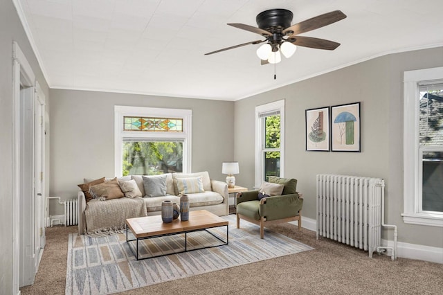 857 Oakdale Ave, Saint Paul, MN 55107 - living room featuring radiator, crown molding, carpet flooring, a ceiling fan, and baseboards