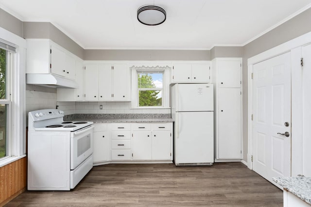 857 Oakdale Ave, Saint Paul, MN 55107 - kitchen with white appliances, extractor fan, ornamental molding, white cabinetry, and wood finished floors