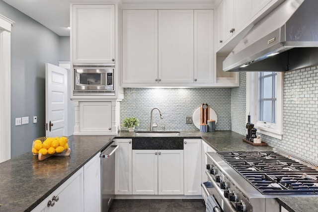 1929 Humboldt Ave S, Minneapolis, MN 55403 - kitchen with range hood, a sink, appliances with stainless steel finishes, backsplash, and white cabinetry