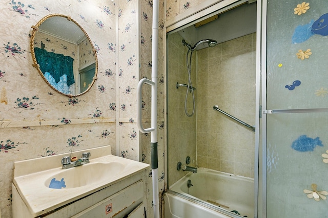 909 14th St S, Benson, MN 56215 - full bath featuring wallpapered walls, shower / bath combination with glass door, and vanity