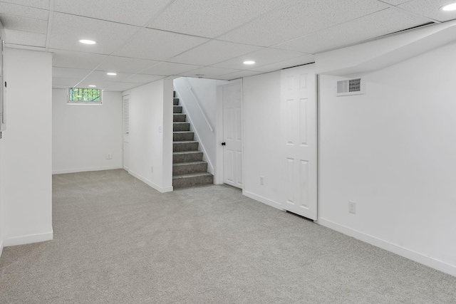 549 Annapolis St E, Saint Paul, MN 55118 - below grade area featuring carpet floors, recessed lighting, stairs, a drop ceiling, and baseboards