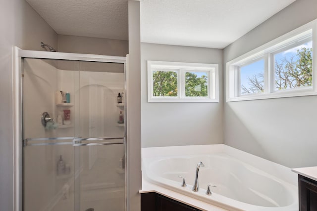 4847 Ashton Curv, Woodbury, MN 55129 - full bathroom featuring healthy amount of natural light, a bath, a shower stall, a textured ceiling, and vanity