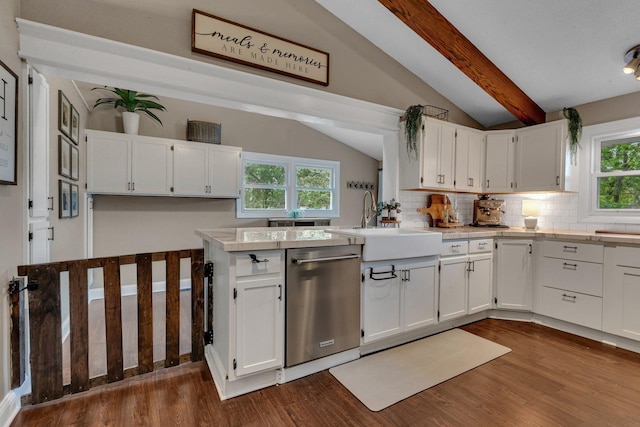 1276 13th Ave N, Saint Cloud, MN 56303 - kitchen featuring dishwasher, a sink, decorative backsplash, and white cabinets