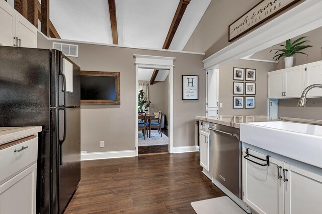 1276 13th Ave N, Saint Cloud, MN 56303 - kitchen with freestanding refrigerator, dishwasher, white cabinetry, dark wood finished floors, and light countertops