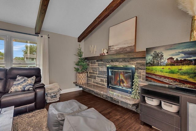 1276 13th Ave N, Saint Cloud, MN 56303 - living room with dark wood-style floors, a stone fireplace, and baseboards