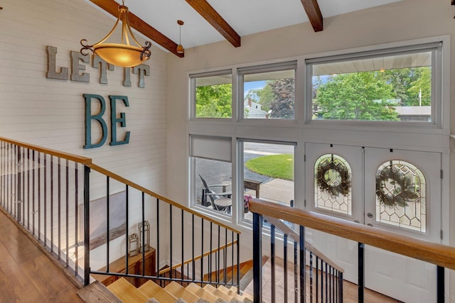 1276 13th Ave N, Saint Cloud, MN 56303 - staircase with beamed ceiling and wood finished floors
