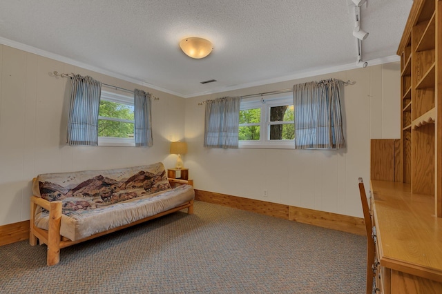 1276 13th Ave N, Saint Cloud, MN 56303 - living area featuring plenty of natural light, crown molding, carpet floors, track lighting, and a textured ceiling