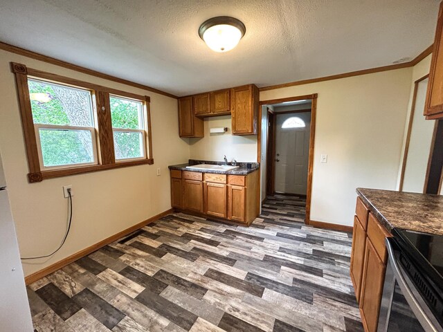216 Main Ave S, New York Mills, MN 56567 - kitchen featuring a sink, brown cabinetry, baseboards, dark countertops, and dark wood-style flooring
