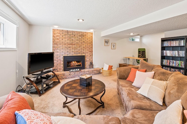 2445 Indian Way N, Saint Paul, MN 55109 - carpeted living area featuring a textured ceiling and a brick fireplace