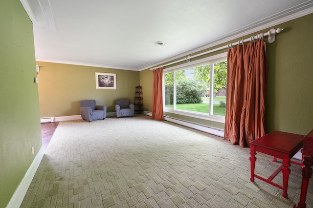 5851 Fairway Ln, Saint Cloud, MN 56303 - sitting room featuring a baseboard radiator, crown molding, baseboard heating, and carpet floors