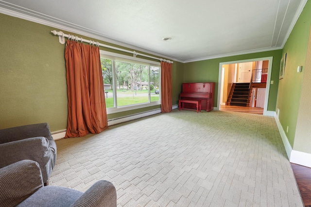 5851 Fairway Ln, Saint Cloud, MN 56303 - carpeted living room with baseboard heating, ornamental molding, and stairway