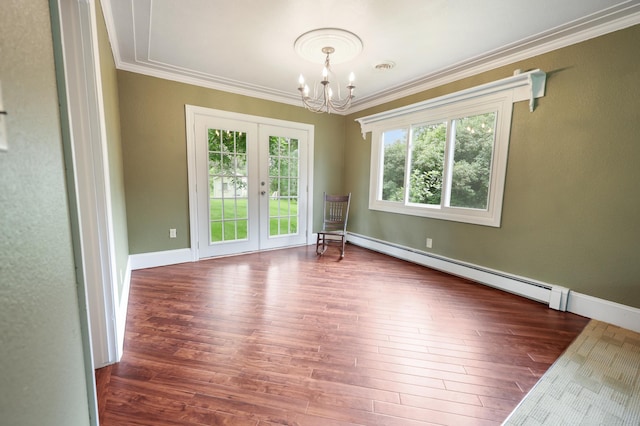 5851 Fairway Ln, Saint Cloud, MN 56303 - spare room featuring a baseboard radiator, crown molding, wood finished floors, a chandelier, and french doors