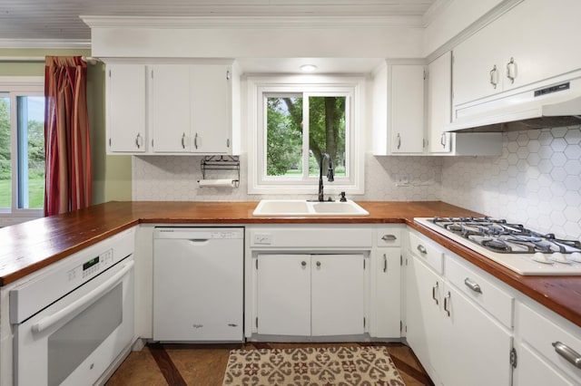 5851 Fairway Ln, Saint Cloud, MN 56303 - kitchen with white appliances, ornamental molding, under cabinet range hood, and white cabinetry