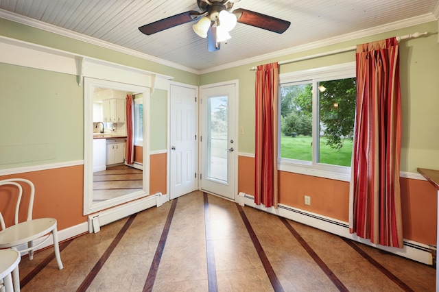 5851 Fairway Ln, Saint Cloud, MN 56303 - unfurnished room featuring a baseboard radiator, a ceiling fan, crown molding, and inlaid floor details