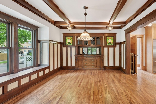 3252 Aldrich Ave S, Minneapolis, MN 55408 - unfurnished room with light wood-type flooring, a chandelier, and beam ceiling