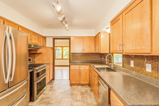 947 Dawn Ave, Shoreview, MN 55126 - kitchen featuring stainless steel appliances, a sink, under cabinet range hood, tasteful backsplash, and light brown cabinets
