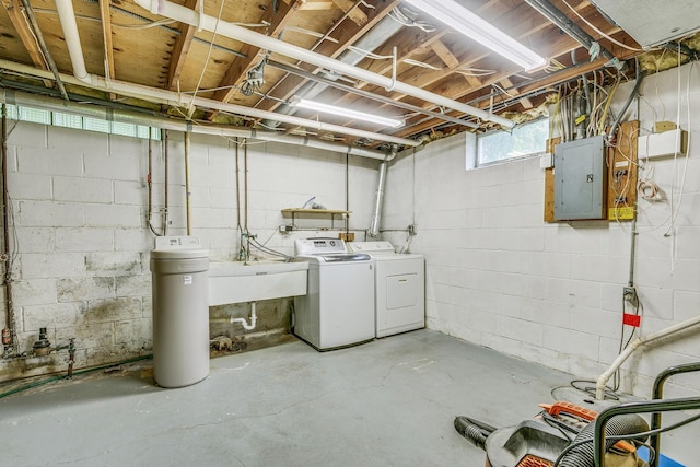 947 Dawn Ave, Shoreview, MN 55126 - basement featuring independent washer and dryer, electric panel, a water softener, and a sink