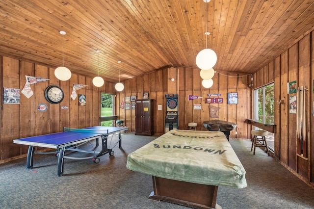 383 Elan Ct, Woodbury, MN 55125 - game room with lofted ceiling, carpet floors, wooden walls, wooden ceiling, and pool table