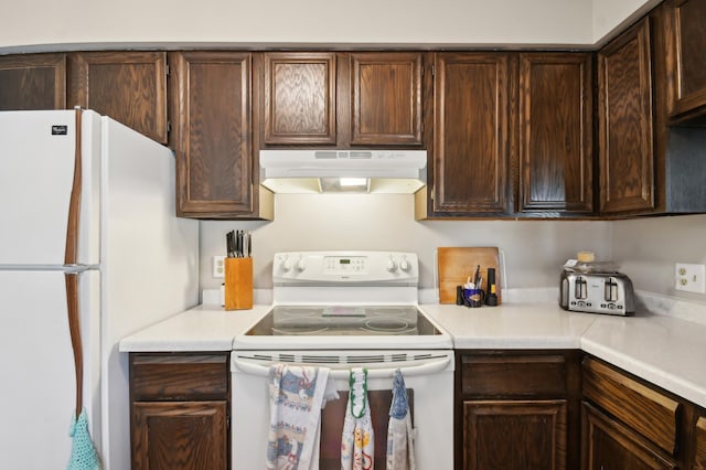383 Elan Ct, Woodbury, MN 55125 - kitchen with white appliances, under cabinet range hood, dark brown cabinets, and light countertops