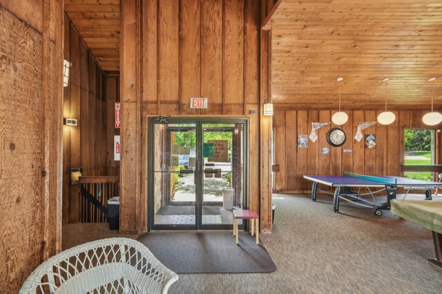 383 Elan Ct, Woodbury, MN 55125 - game room with wood walls, carpet flooring, high vaulted ceiling, wooden ceiling, and billiards