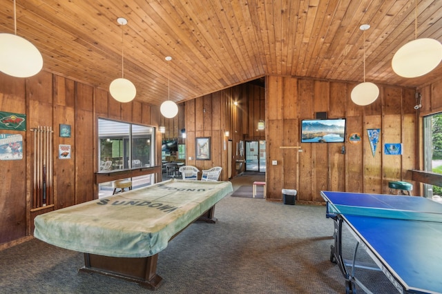383 Elan Ct, Woodbury, MN 55125 - game room with vaulted ceiling, wooden walls, carpet floors, billiards table, and wooden ceiling